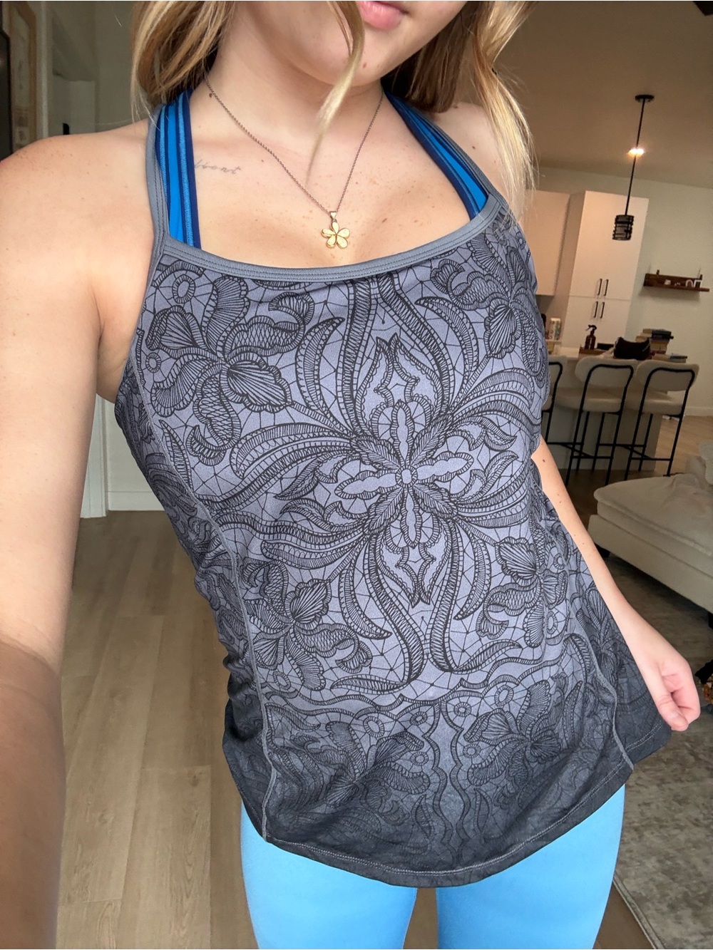 Athleta Gray Floral-Print Racerback Tank with Blue Straps